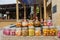 Canned vegetables and fruits on the tables at the kitchen