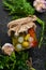 Canned vegetables in a glass jar. Food stocks.