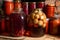 Canned vegetables in transparent glass jar. Apple compote in large transparent jars. Homemade canned juice