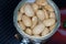 Canned white giant beans cooked in a pan with macro lens photographed