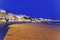 Cannes` Croisette`s beach at sunset, view over line of luxury ho
