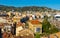 Cannes panorama with historic old town Centre Ville and yacht port onshore Mediterranean Sea of French Riviera in France