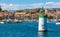 Cannes seafront panorama with castle hill over historic old town Centre Ville and yacht port in France