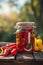 canning bitter pepper on a wooden table in nature