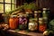 canning jars with autumn vegetables and herbs