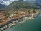 CANNOBIO PORT CITYSCAPE BY LAGO MAGGIORE. MOST BEAUTY DESTINATION IN ITALY. AERIAL DRONE PHOTO