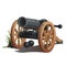 Cannon on wooden wheels and black cannonballs