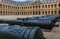 Cannons at Les Invalides museum complex in Paris, France burial site for France`s war heroes and emperor Napoleon Bonaparte`s tomb