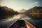 Canoe floating on a serene mountain lake surrounded by tall pine trees on a peaceful morning