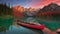 The canoe positioned at the heart of a pristine, rippling emerald lake