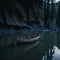 A canoe sitting on the edge of a lake created with Generative AI technology