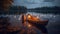 canoe sitting on a lake with a blanket and lantern. Generative Ai