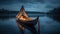 canoe sitting on a lake with a blanket and lantern. Generative Ai