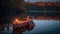 canoe sitting on a lake with a blanket and lantern. Generative Ai