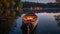 canoe sitting on a lake with a blanket and lantern. Generative Ai