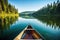 canoe slicing through tranquil waters of a scenic lake