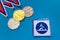 Canoe Sprint icon and medal set, gold silver and bronze medal, blue background. Original wallpaper for summer olympic game in