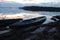 Canoe at stone bank of Engozero lake,Polar Karelia, Russia