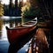 Canoe, wooden kayak rowboat traditional form of water transport on lake or river