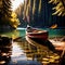 Canoe, wooden kayak rowboat traditional form of water transport on lake or river