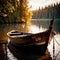 Canoe, wooden kayak rowboat traditional form of water transport on lake or river