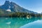 Canoeing on Emerald Lake in summer sunny day. Yoho National Park, Canadian Rockies.