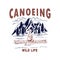 Canoeing. Illustration of wild mountains landscape, river and man on canoe. Design element for logo, label, sign, poster