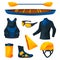 Canoeing or kayaking equipment, sport tools set.