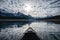 Canoeing into the Spirit Island and altocumulus cloud on Maligne Lake at Jasper national park