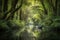 canoeist exploring lush forest, with tall trees and peaceful water