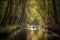 canoeist and kayaker paddling through a quiet forest, with sunlight filtering through the trees