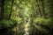 canoeist paddling peacefully through a serene forest