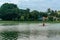 A canoeist is practising canoeing at Kallang Basin, Singapore.