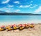 Canoes on the beach of lake Sainte-Croix-du-Verdon. France. 2017.07.30