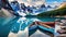 Canoes on a jetty at Moraine lake, Banff national park in the Rocky Mountains, Alberta, Canada