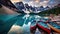 Canoes on a jetty at Moraine lake, Banff national park in the Rocky Mountains, Alberta, Canada