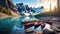 Canoes on a jetty at Moraine lake, Banff national park in the Rocky Mountains, Alberta, Canada