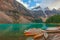 Canoes on Moraine Lake.Banff National Park. Canadian Rocky Montains.Alberta.Canada