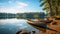 Canoes parked on a lake with spectacular forest landscape