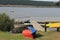 Canoes on the shore at the dock scenic