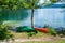 Canoes on the shore of lake.