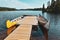 Canoes on the shore of the lake on a sunny day in the Mauricie National Park, Canada. Nature lifestyle concept