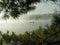 Canoing on misty lake