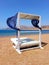 Canopy bed on the beach with cloth to protect from the sun in the desert of the Sinai Peninsula. Rest furniture. Tranquility and