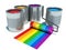 Cans with color paint, roller brush with rainbow