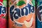 Cans of Fanta drink of different flavors in stock