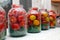 Cans, prepared for pickling tomatoes.