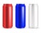 Cans realistic. Energy drink or beer aluminium blank can in red, white and blue colors, soda or lemonade beverage, empty