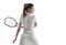 They cant stop what they cant catch. Studio shot of a female tennis player holding a racket against a white background.