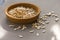 Cantaloup seeds on gray background